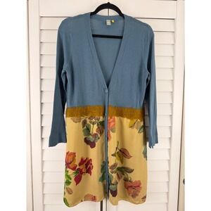 Knitted & Knotted Cardigan Women L Blue Floral Mixed Media Sweater Anthropologie